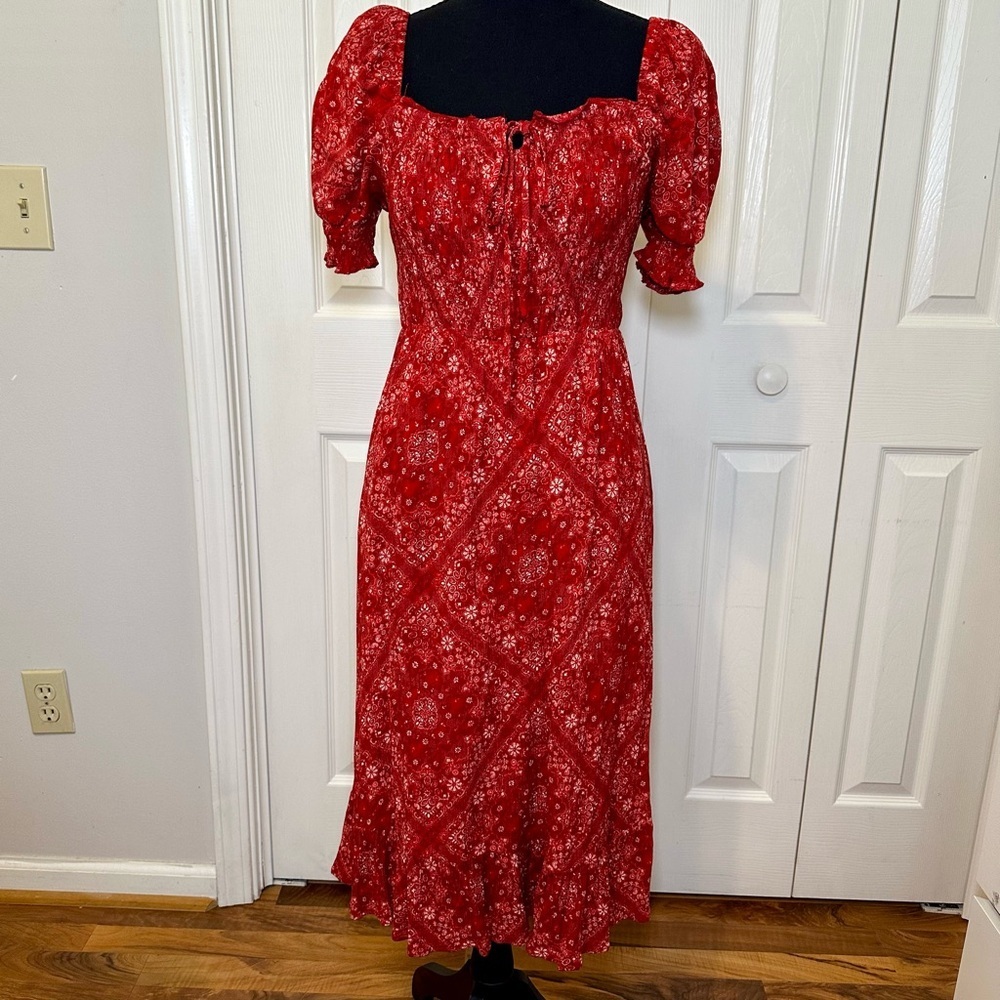 Crimson Floral Smocked Midi Red Dress Size Small Cottagecore Puff Sleeves